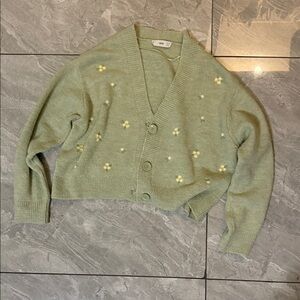 Mango Mint Green Cropped V-Neck Cardigan with Cream Floral Details